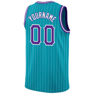 Custom Teal White Pinstripe Purple-White Authentic Basketball Jersey