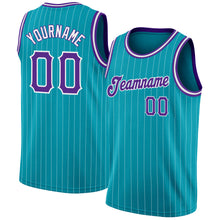 Загрузить изображение в средство просмотра галереи, Custom Teal White Pinstripe Purple-White Authentic Basketball Jersey
