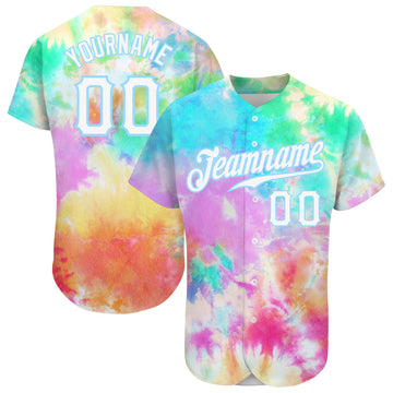 Custom Tie Dye White-Light Blue 3D Rainbow Authentic Baseball Jersey