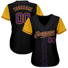 Load image into Gallery viewer, Custom Black Purple-Gold Authentic Two Tone Baseball Jersey
