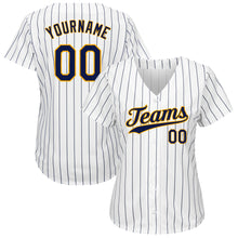 Load image into Gallery viewer, Custom White Navy Pinstripe Navy-Gold Authentic Baseball Jersey
