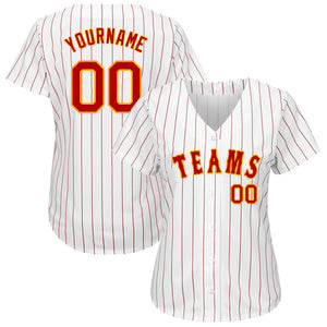 Custom White Red Pinstripe Red-Gold Authentic Baseball Jersey