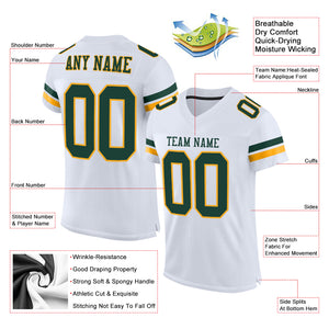 Custom White Green-Gold Mesh Authentic Football Jersey