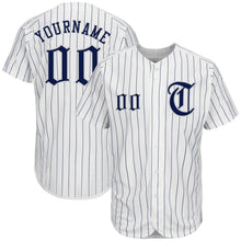 Load image into Gallery viewer, Custom White Navy Pinstripe Navy-Gray Authentic Baseball Jersey
