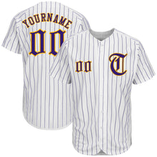 Laden Sie das Bild in den Galerie-Viewer, Custom White Purple Pinstripe Purple-Gold Authentic Baseball Jersey
