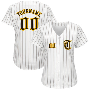 Custom White Brown Pinstripe Brown-Gold Authentic Baseball Jersey