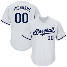 Laden Sie das Bild in den Galerie-Viewer, Custom White Navy Authentic Throwback Rib-Knit Baseball Jersey Shirt
