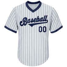 Laden Sie das Bild in den Galerie-Viewer, Custom White Navy Pinstripe Navy-Gray Authentic Throwback Rib-Knit Baseball Jersey Shirt
