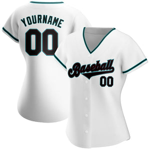 Custom White Black-Aqua Authentic Baseball Jersey