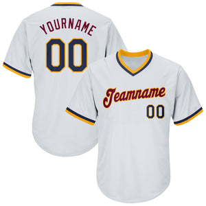 Custom White Navy-Gold Authentic Throwback Rib-Knit Baseball Jersey Shirt