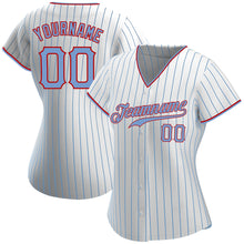 Load image into Gallery viewer, Custom White Light Blue Pinstripe Light Blue-Red Authentic Baseball Jersey
