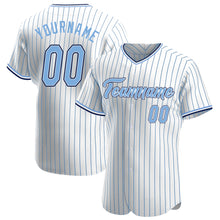 Load image into Gallery viewer, Custom White Light Blue Pinstripe Light Blue-Navy Authentic Baseball Jersey
