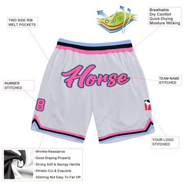 Custom White Pink-Light Blue Authentic Throwback Basketball Shorts