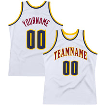 Load image into Gallery viewer, Custom White Navy-Gold Authentic Throwback Basketball Jersey
