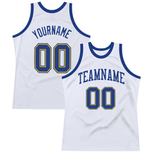 Load image into Gallery viewer, Custom White Royal-Gold Authentic Throwback Basketball Jersey
