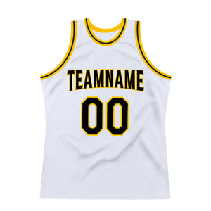 Custom White Black-Gold Authentic Throwback Basketball Jersey