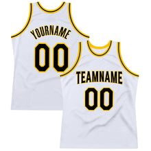 Load image into Gallery viewer, Custom White Black-Gold Authentic Throwback Basketball Jersey
