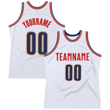Load image into Gallery viewer, Custom White Navy-Old Gold Authentic Throwback Basketball Jersey
