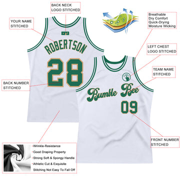 Custom White Kelly Green-Old Gold Authentic Throwback Basketball Jersey