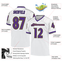 Laden Sie das Bild in den Galerie-Viewer, Custom White Purple-Old Gold Mesh Authentic Throwback Football Jersey
