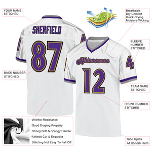 Custom White Purple-Old Gold Mesh Authentic Throwback Football Jersey