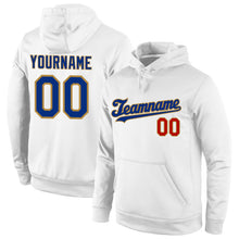Load image into Gallery viewer, Custom Stitched White Royal-Old Gold Sports Pullover Sweatshirt Hoodie
