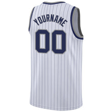 Load image into Gallery viewer, Custom White Navy Pinstripe Navy-Gray Authentic Basketball Jersey
