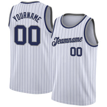 Load image into Gallery viewer, Custom White Navy Pinstripe Navy-Gray Authentic Basketball Jersey
