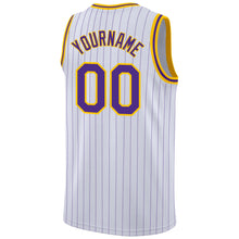 Load image into Gallery viewer, Custom White Purple Pinstripe Purple-Gold Authentic Basketball Jersey
