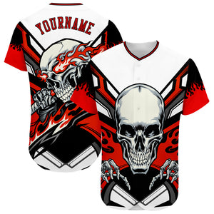 Custom White Red-Black 3D Skull Authentic Baseball Jersey