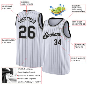 Custom White Black Pinstripe Black-Gray Authentic Basketball Jersey