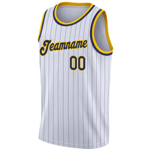 Load image into Gallery viewer, Custom White Navy Pinstripe Navy-Gold Authentic Basketball Jersey
