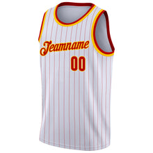 Laden Sie das Bild in den Galerie-Viewer, Custom White Red Pinstripe Red-Gold Authentic Basketball Jersey
