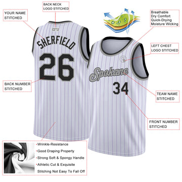 Custom White Purple Pinstripe Black-Gray Authentic Basketball Jersey