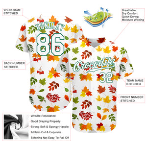 Custom White White-Kelly Green 3D Pattern Design Autumn Leaves Authentic Baseball Jersey