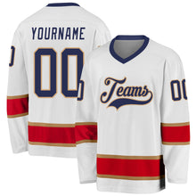 Load image into Gallery viewer, Custom White Navy-Red Hockey Jersey
