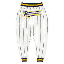 Load image into Gallery viewer, Custom White Navy Pinstripe Navy-Gold Sports Pants
