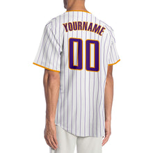 Load image into Gallery viewer, Custom White Purple Pinstripe Purple-Gold Authentic Baseball Jersey
