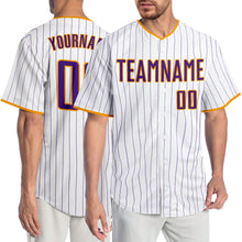 Laden Sie das Bild in den Galerie-Viewer, Custom White Purple Pinstripe Purple-Gold Authentic Baseball Jersey
