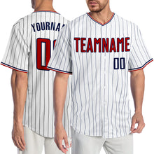 Load image into Gallery viewer, Custom White Navy Pinstripe Red-Navy Authentic Baseball Jersey
