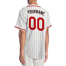 Laden Sie das Bild in den Galerie-Viewer, Custom White Brown Pinstripe Red-Brown Authentic Baseball Jersey
