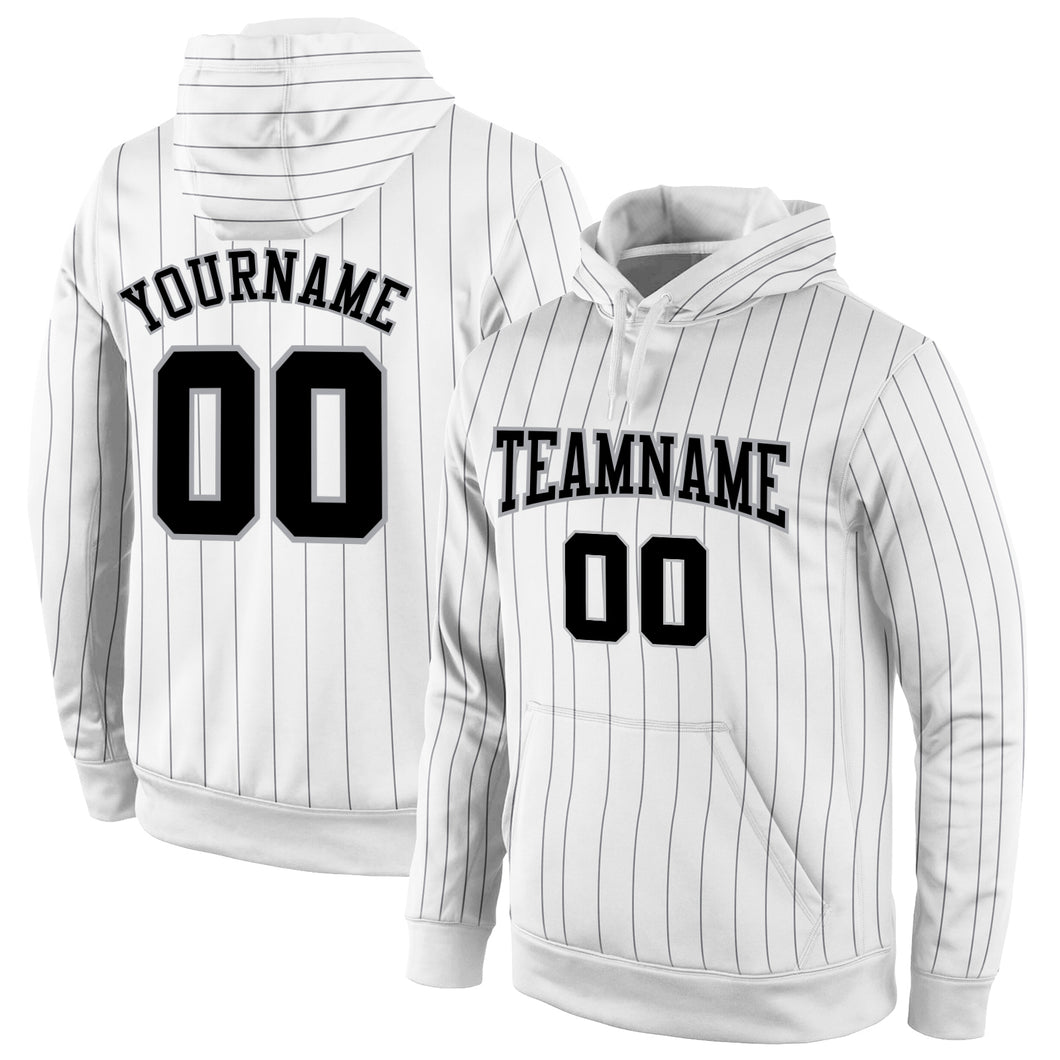 Custom Stitched White Black Pinstripe Black-Gray Sports Pullover Sweatshirt Hoodie