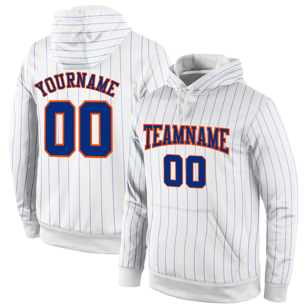 Custom Stitched White Royal Pinstripe Royal-Orange Sports Pullover Sweatshirt Hoodie