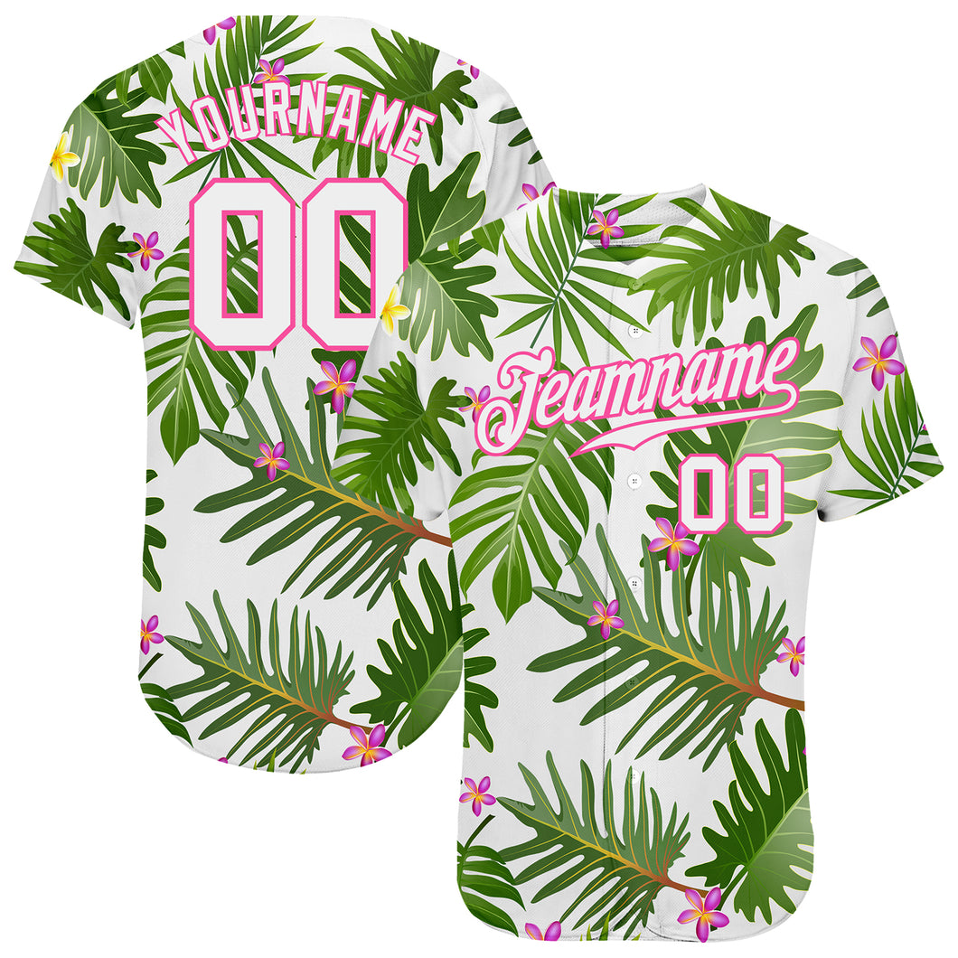 Custom White White-Pink 3D Pattern Design Tropical Palm Leaves Authentic Baseball Jersey