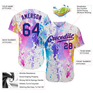 Custom White Royal-Pink 3D Pattern Design Watercolor Authentic Baseball Jersey