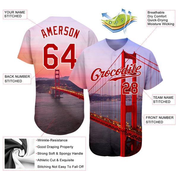 Custom White Red-White 3D Pattern Design Golden Gate Bridge Authentic  Baseball Jersey