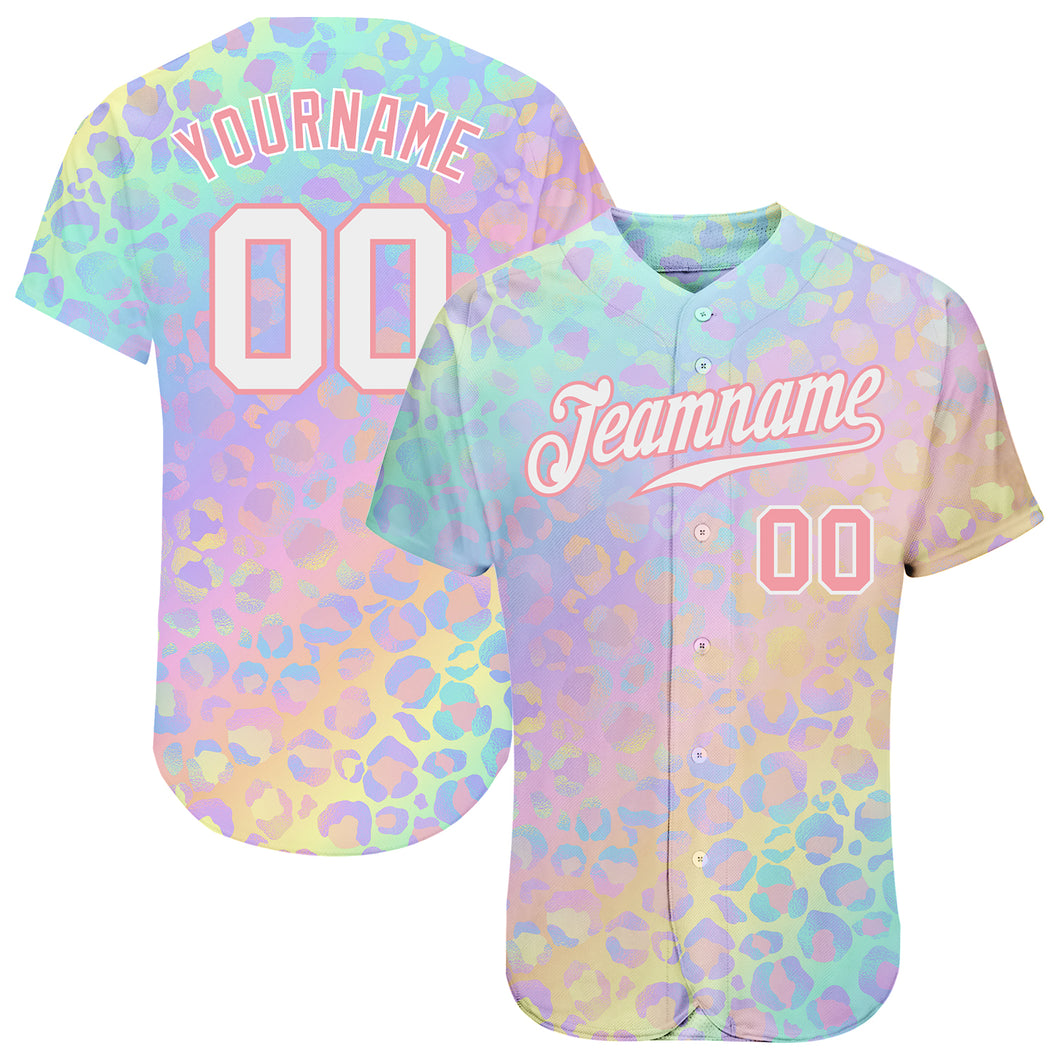 Custom White White-Medium Pink 3D Pattern Design Leopard Authentic Baseball Jersey