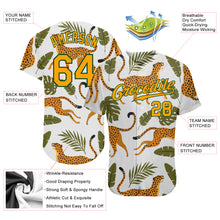 Laden Sie das Bild in den Galerie-Viewer, Custom White Gold-Green 3D Pattern Design Leopards And Tropical Palm Leaves Authentic Baseball Jersey
