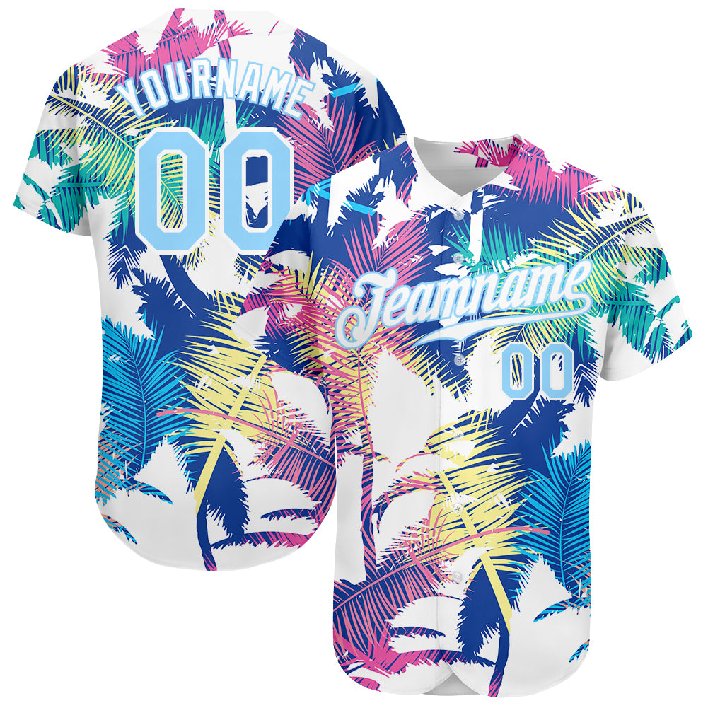 Custom White Light Blue 3D Pattern Design Hawaii Palm Trees Authentic Baseball Jersey