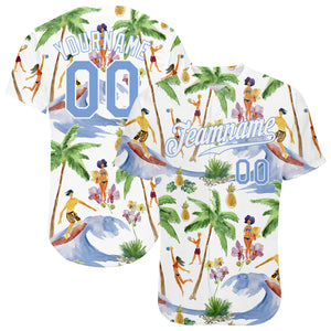 Custom White Light Blue-White 3D Pattern Design Hawaii Palm Trees Authentic Baseball Jersey